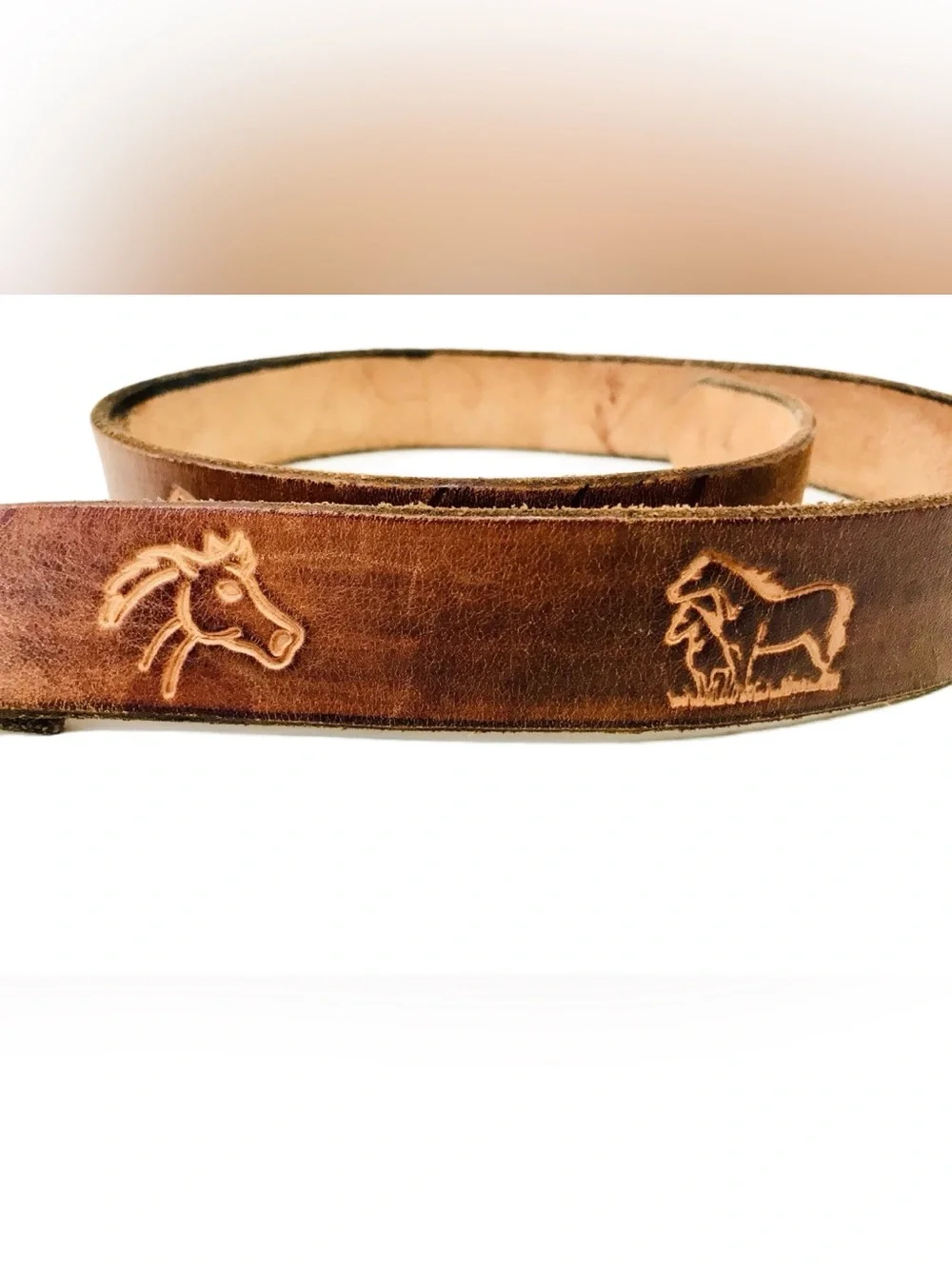 Vintage 1980’s Horses Leather Belt Youth 31” Name Arthur Hand Tooled Cowboy